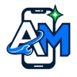 Logo stylisé AM bleu et blanc devant un smartphone, avec une clé et une étoile verte